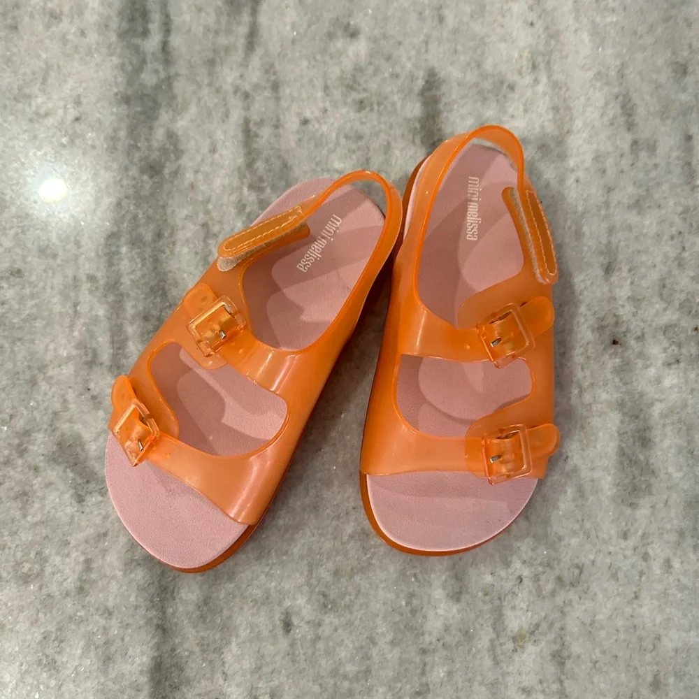 New Mini Melissa Girl's Wide II Double Buckle Sandal Orange/Pink Size 12